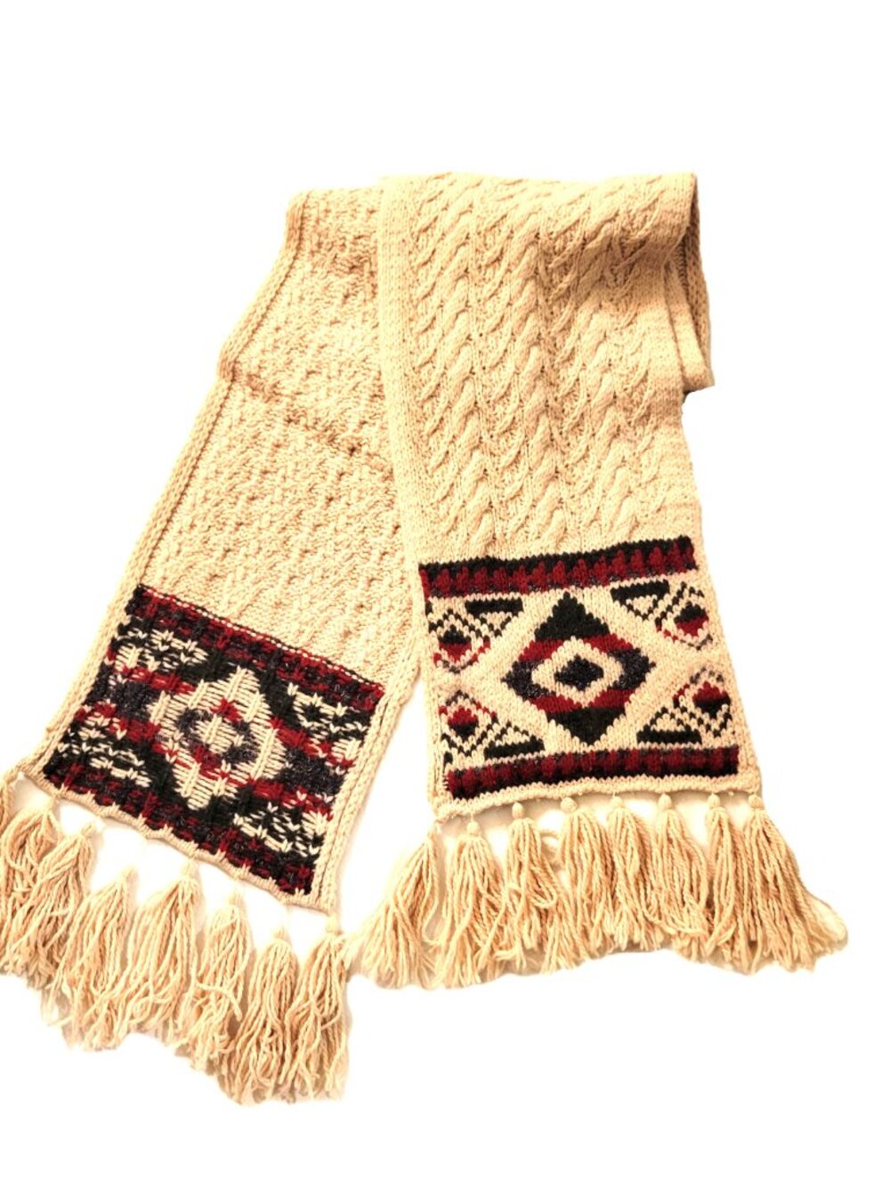 Eddie Bauer Lambswool Blend Cable Knit Scarf Tan Geometric Southwestern Fringe